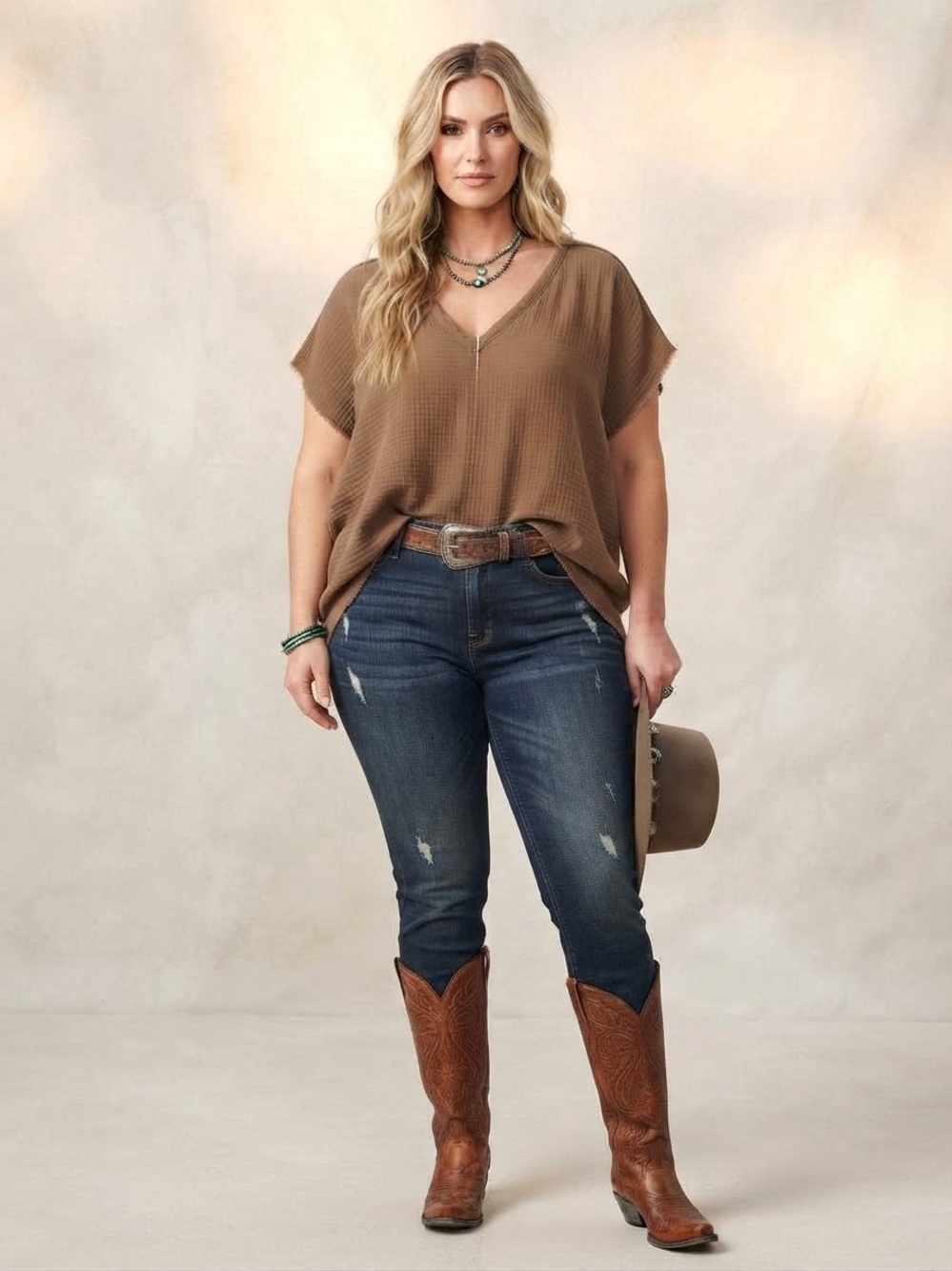 Andrée by Unit 100% Cotton Gauze V-Neck Short Sleeve Top Brown Size 3X